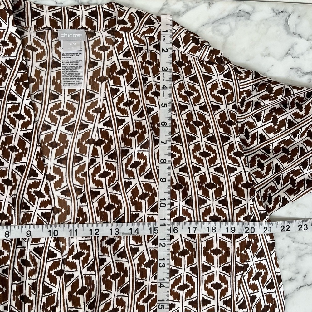 Chicos Tie-Front Drama Kimono duster satin lightweight fabric brown white S/M - Picture 8 of 10